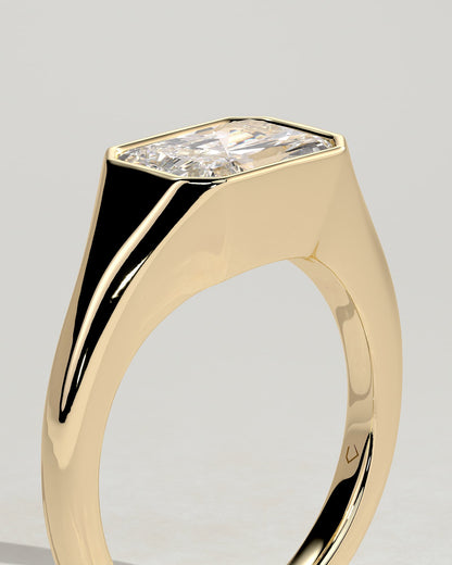 Mackenzie - Radiant East West Bezel Solitaire with Signet Band Engagement Ring - Yellow Gold