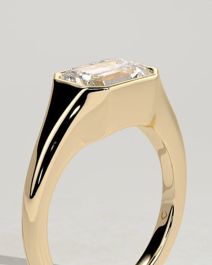 Montanah - Emerald East West Bezel Solitaire with Signet Band Engagement Ring - Yellow Gold
