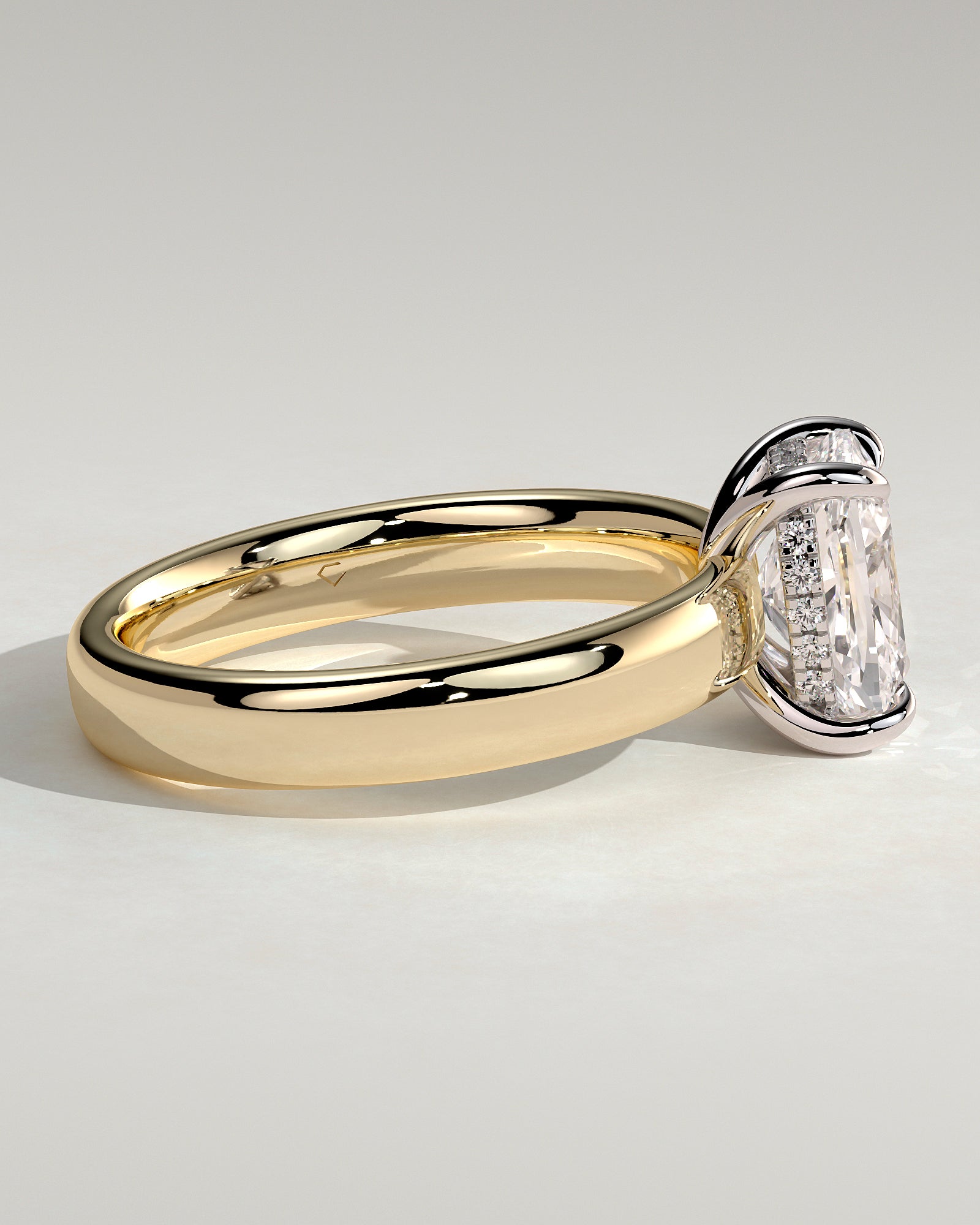 Cora - Elongated Cushion Claw Solitaire with Cigar Band and Hidden Halo Engagement Ring - Yellow Two-Tone - Yellow Two-Tone 2ct