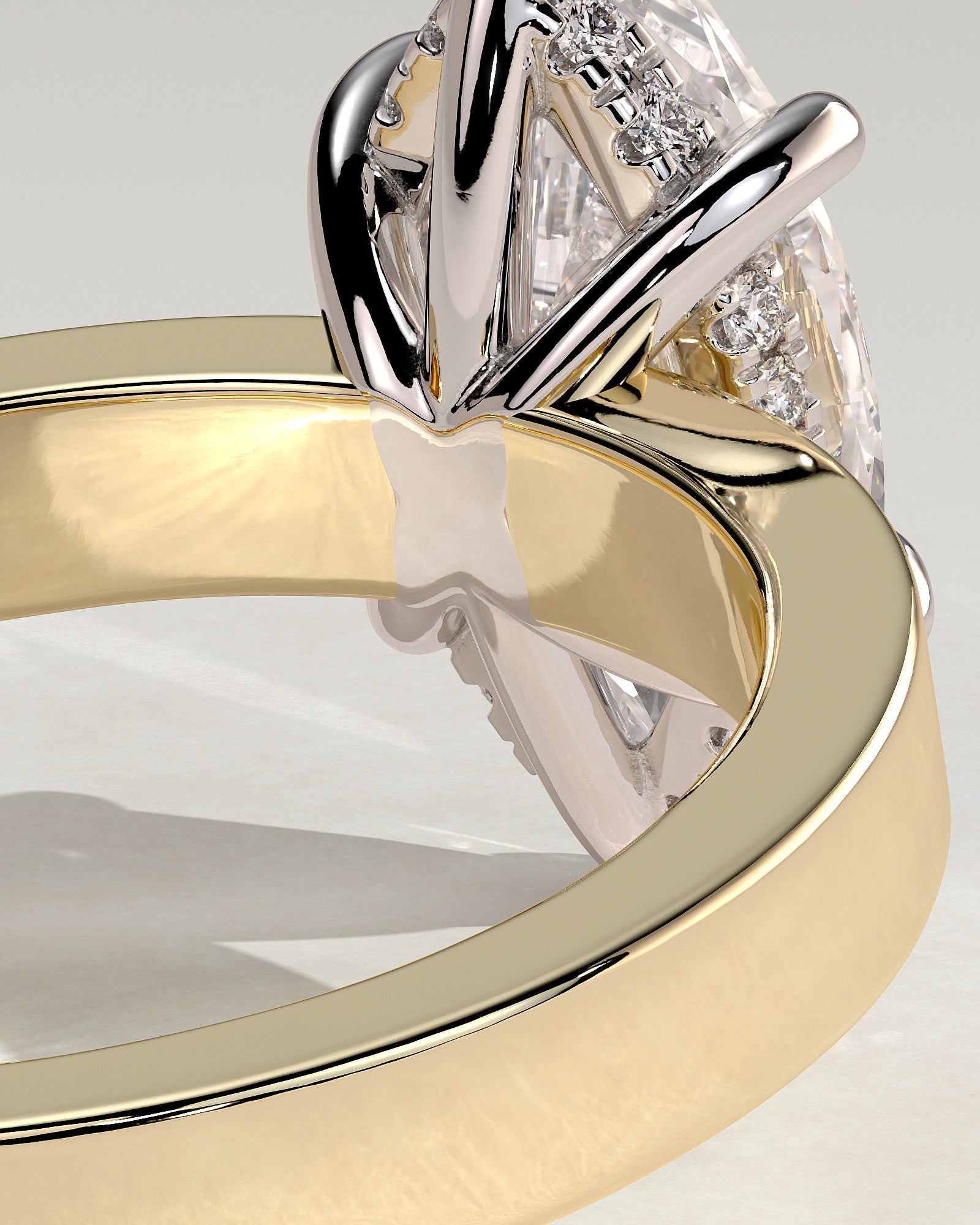 Aisha - Marquise Claw Solitaire with Flat Cigar Band and Hidden Halo Engagement Ring - Yellow Two-Tone - Yellow Two-Tone 2ct