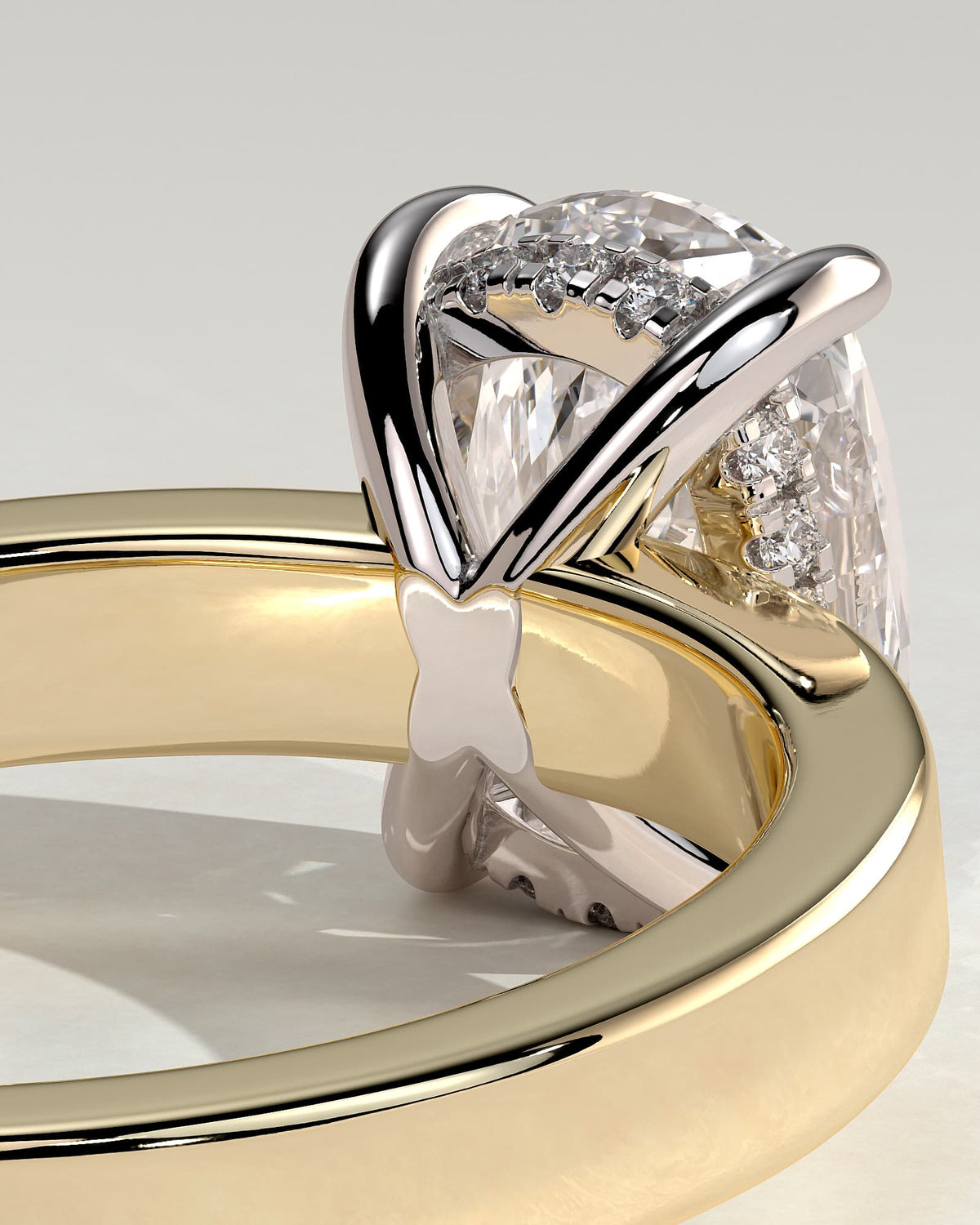 Kai - Elongated Cushion Claw Solitaire with Flat Cigar Band and Hidden Halo Engagement Ring - Yellow Two-Tone