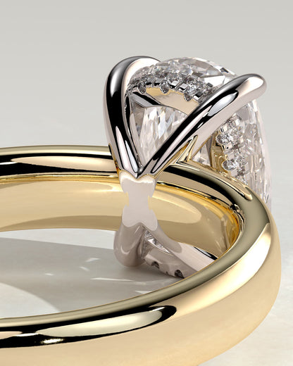 Cora - Elongated Cushion Claw Solitaire with Cigar Band and Hidden Halo Engagement Ring - Yellow Two-Tone