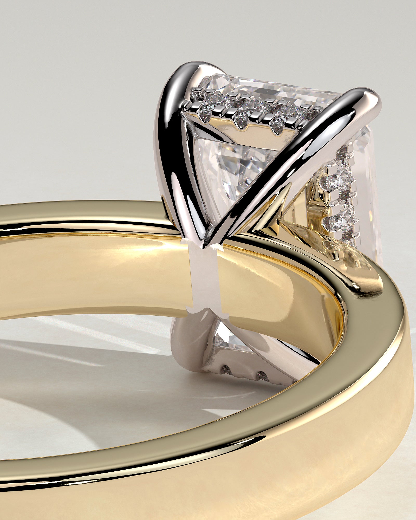 Carmella - Emerald Claw Solitaire with Flat Cigar Band and Hidden Halo Engagement Ring - Yellow Two-Tone - Yellow Two-Tone 2ct