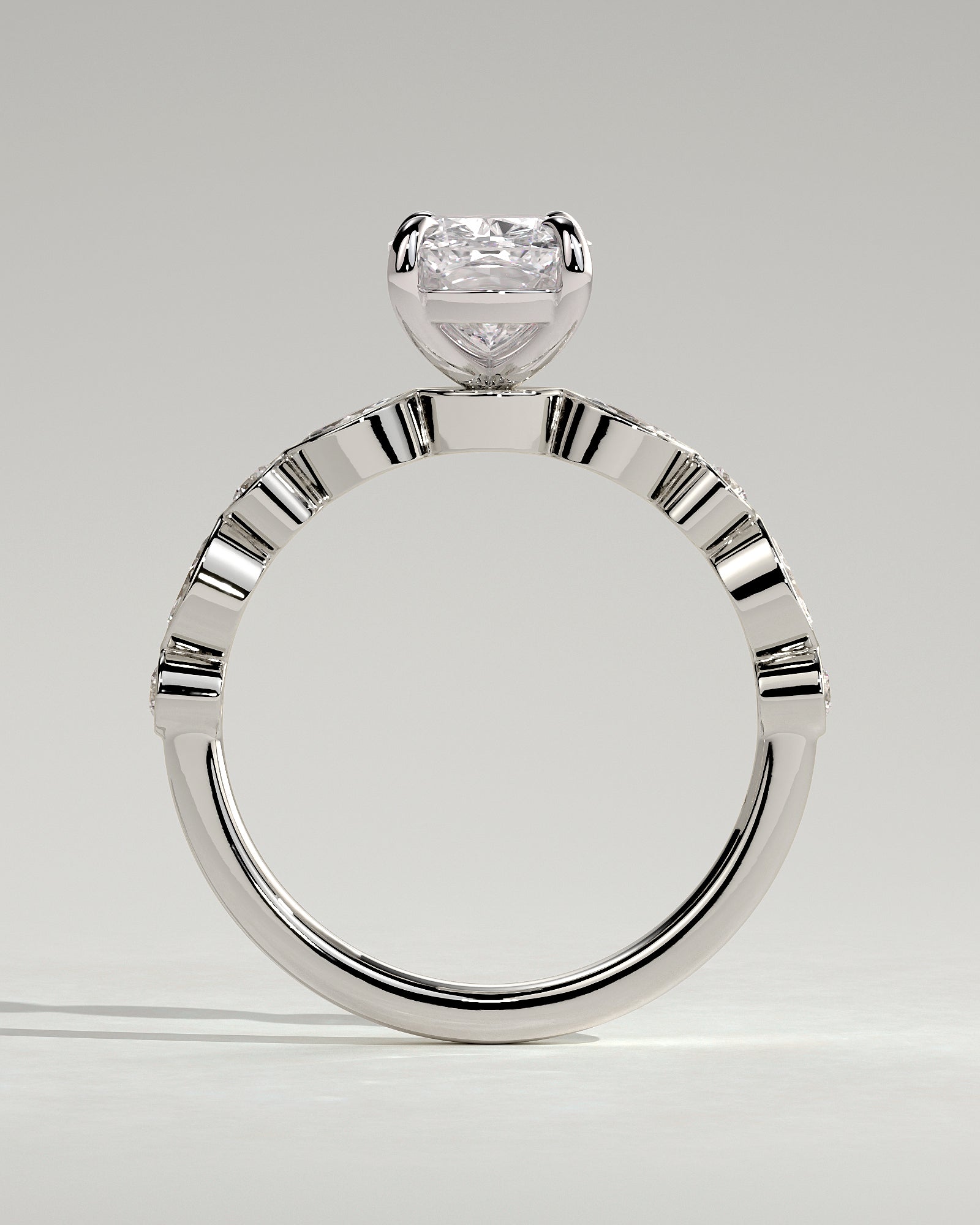 Carrie - Elongated Cushion Claw Solitaire with Round-Marquise Bezel Accent Stones Engagement Ring - Platinum - White Gold / Platinum 2ct