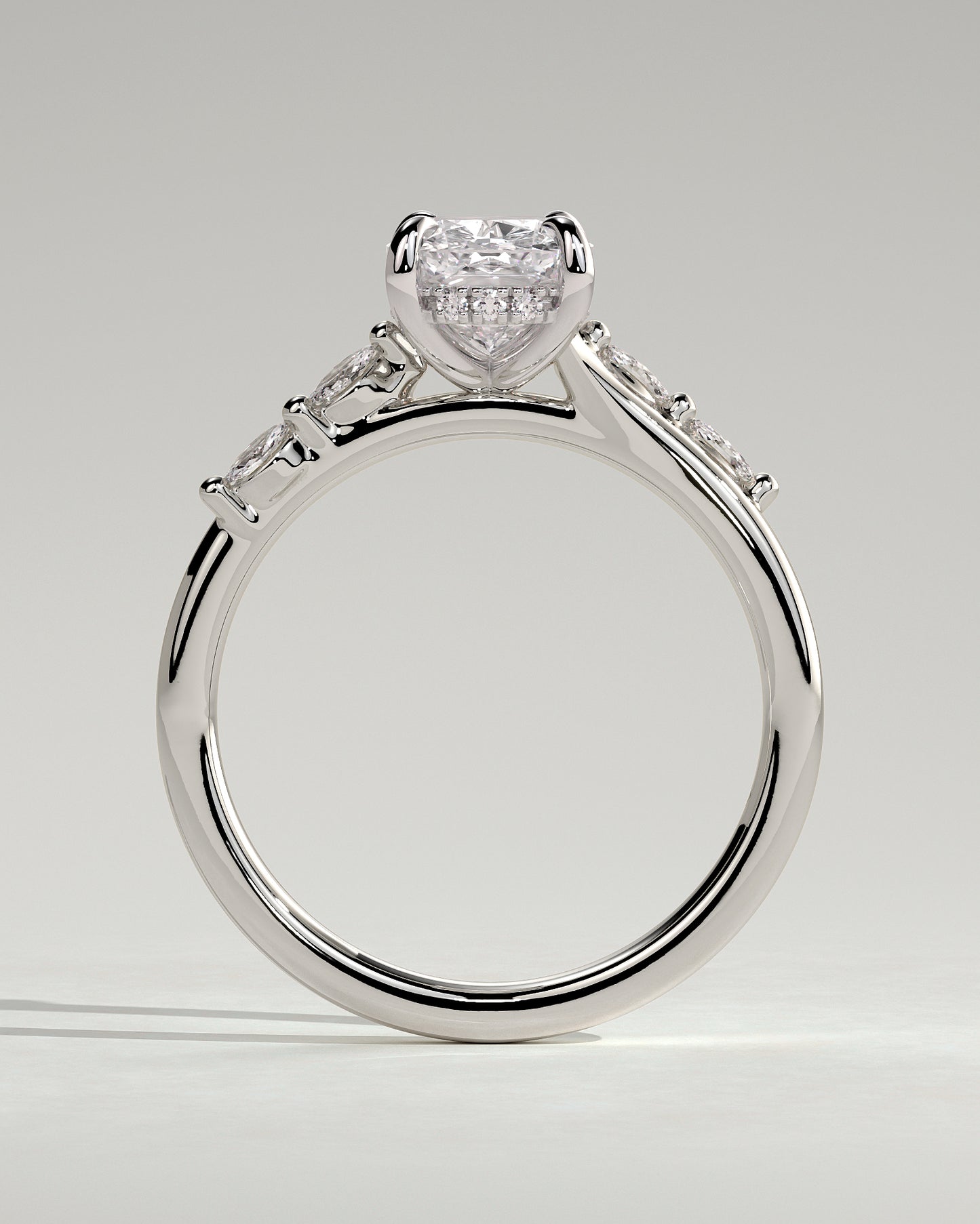 Elle - Elongated Cushion Claw Solitaire with Hidden Halo, Opposing Marquise Accents and Cathedral High Setting Engagement Ring - Platinum - White Gold / Platinum 2ct