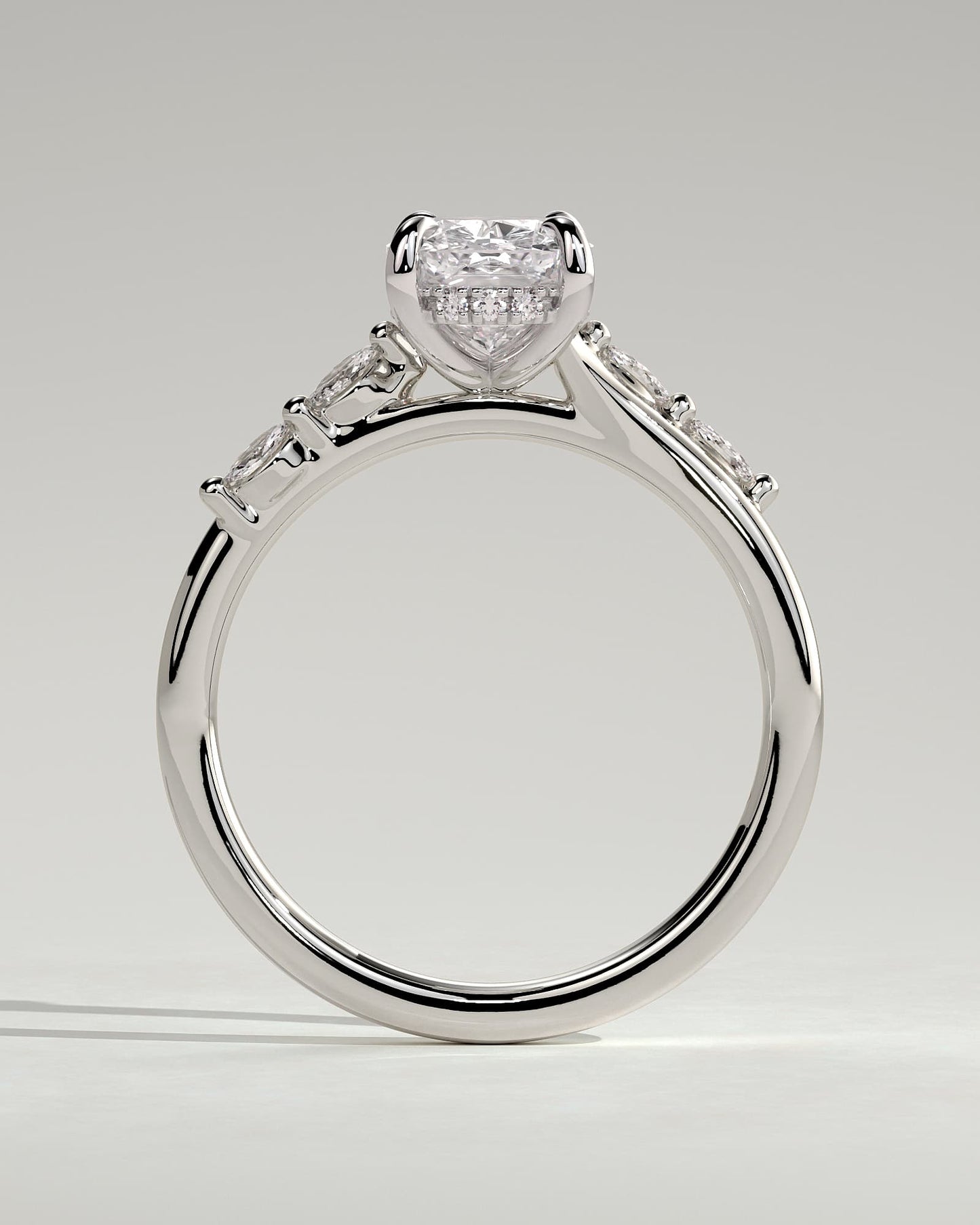 Elle - Elongated Cushion Claw Solitaire with Hidden Halo, Opposing Marquise Accents and Cathedral High Setting Engagement Ring - White Gold