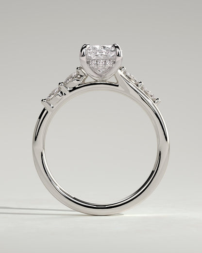 Elle - Elongated Cushion Claw Solitaire with Hidden Halo, Opposing Marquise Accents and Cathedral High Setting Engagement Ring - White Gold