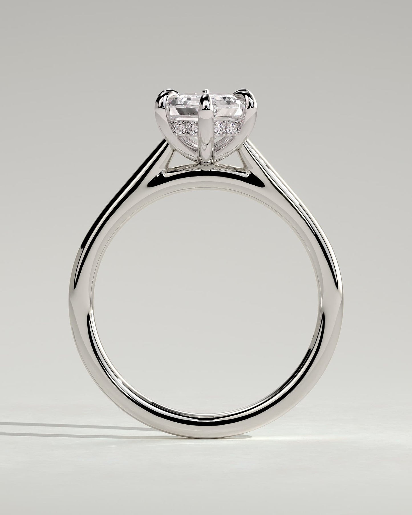 Anastasia - Elongated Hexagon Claw Solitaire with Hidden Halo and Cathedral High Setting Engagement Ring - White Gold