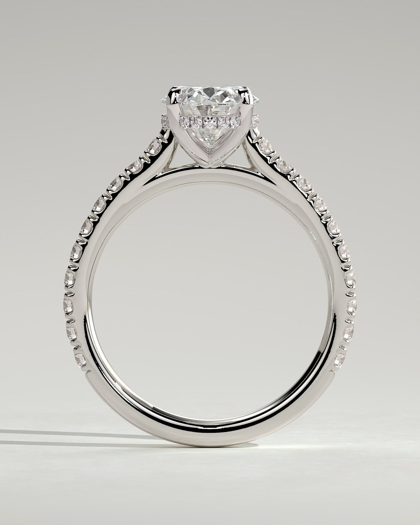 Julia - Oval Claw Solitaire with Hidden Halo, Pave Band and Cathedral High Setting Engagement Ring - White Gold