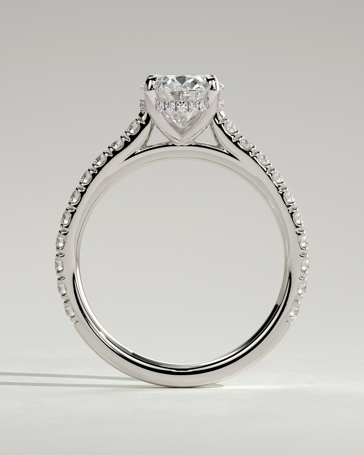 Julia - Oval Claw Solitaire with Hidden Halo, Pave Band and Cathedral High Setting Engagement Ring - Platinum