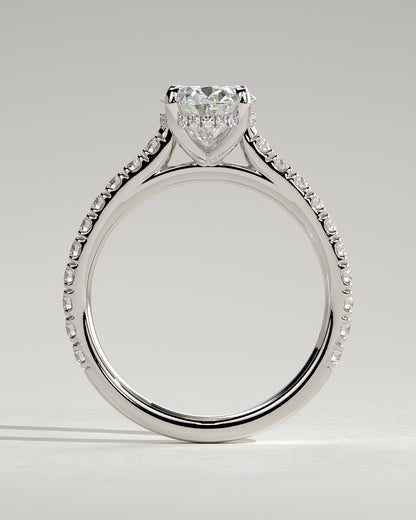 Julia - Oval Claw Solitaire with Hidden Halo, Pave Band and Cathedral High Setting Engagement Ring - Platinum