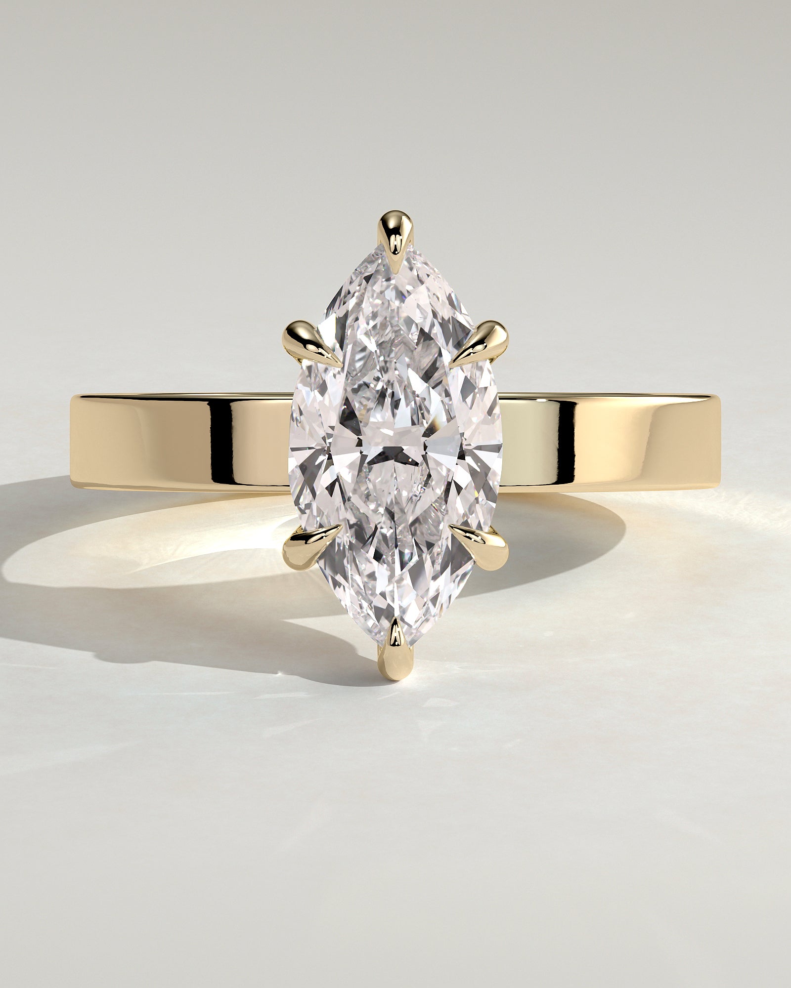 Aisha - Marquise Claw Solitaire with Flat Cigar Band and Hidden Halo Engagement Ring - Yellow Gold - Yellow Gold 2ct