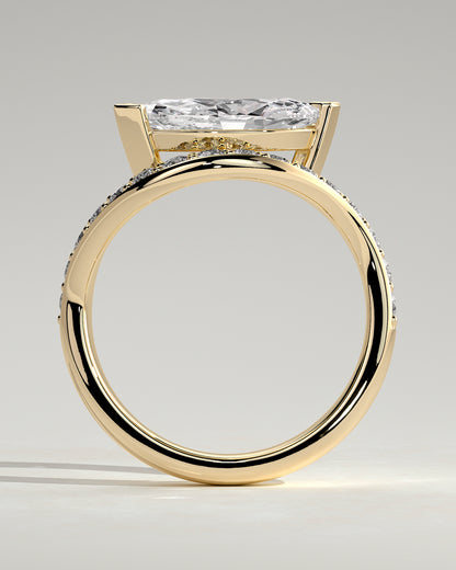 Lynn - Marquise Claw Solitaire with Bead Set Pave Wave Band and East West Setting Engagement Ring - Yellow Gold