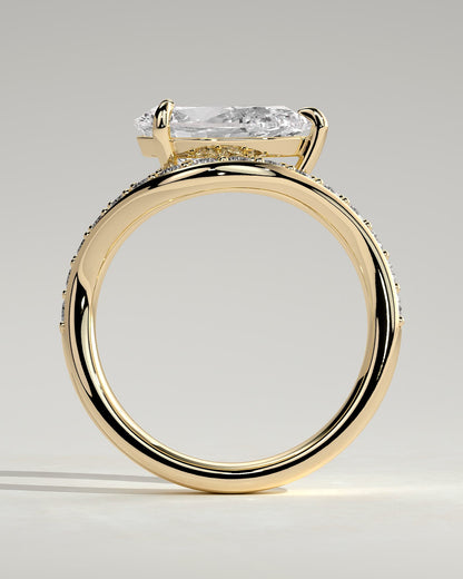 Eliza - Pear Claw Solitaire with Bead Set Pave Wave Band and East West Setting Engagement Ring - Yellow Gold
