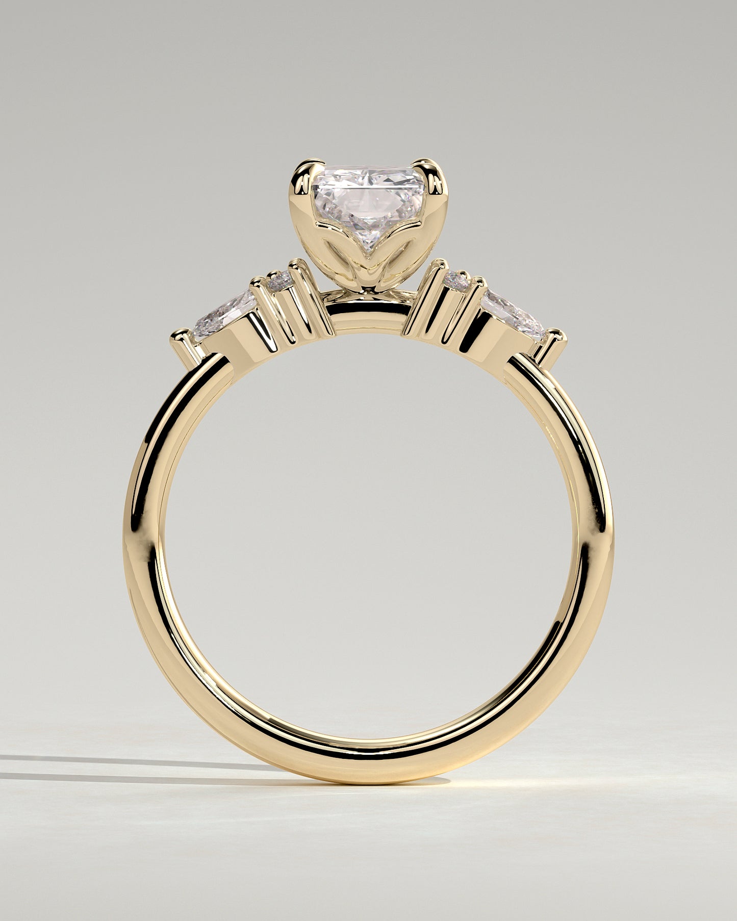 Heidi - Radiant Claw Solitaire with Pear Accents and Round Shoulder Stones Engagement Ring - Yellow Gold - Yellow Gold 2ct