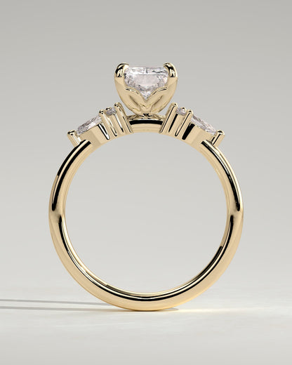 Heidi - Radiant Claw Solitaire with Pear Accents and Round Shoulder Stones Engagement Ring - Yellow Gold