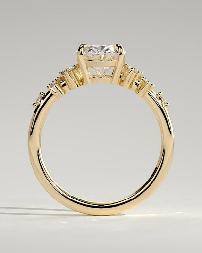 Bella - Oval Claw Solitaire with Clustered Round Shoulder Stones Engagement Ring - Yellow Gold