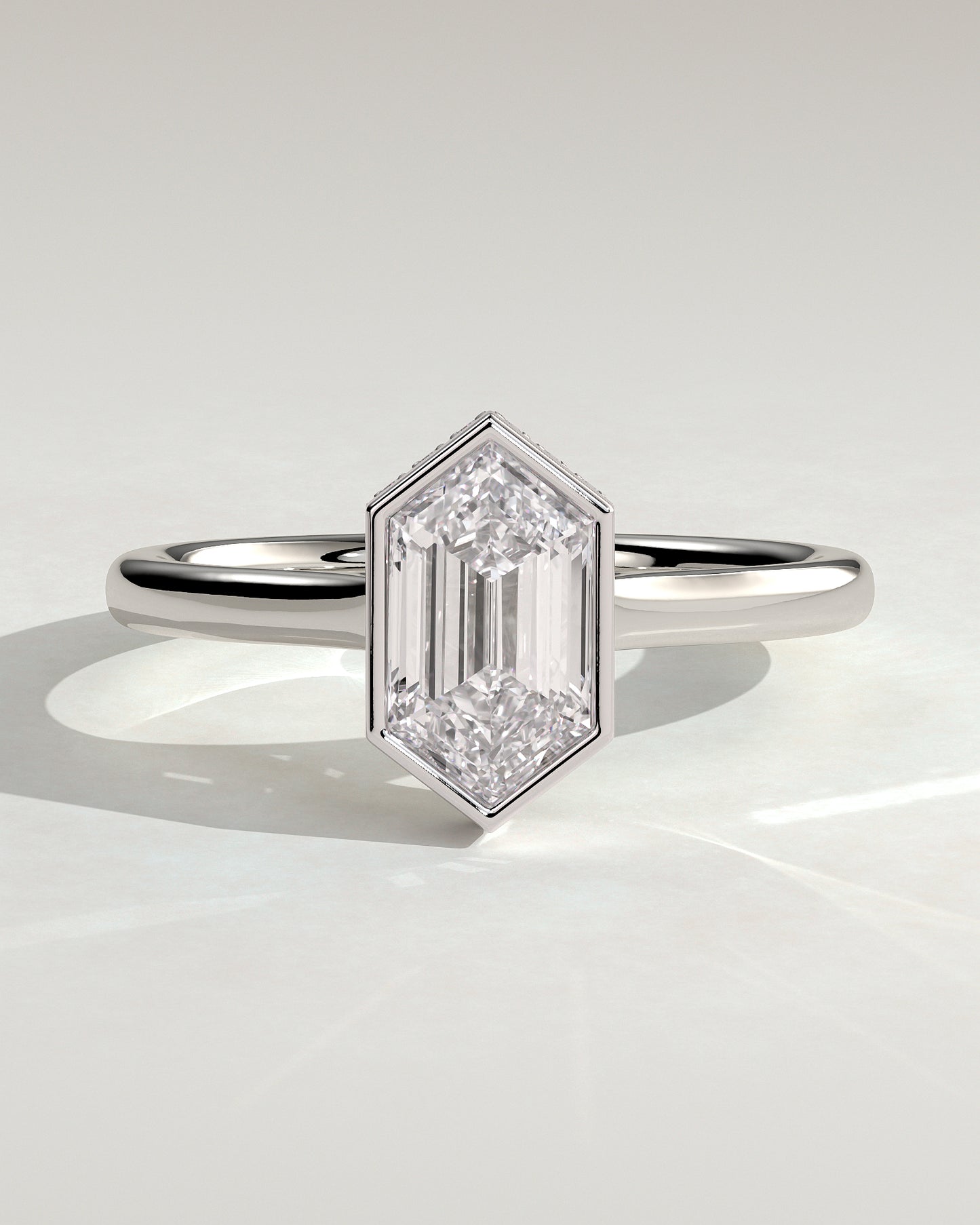 Gloria - Elongated Hexagon Bezel Solitaire with Hidden Halo and Cathedral High Setting Engagement Ring - Platinum