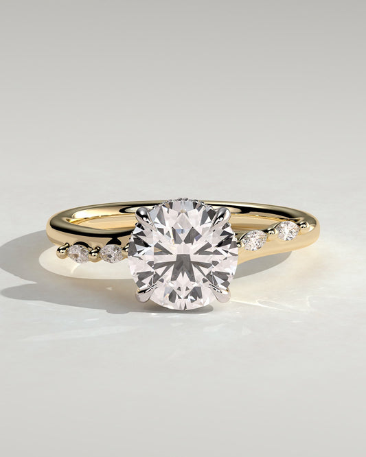 Leslie - Round Claw Solitaire with Hidden Halo, Opposing Marquise Accents and Cathedral High Setting Engagement Ring - Yellow Two-Tone