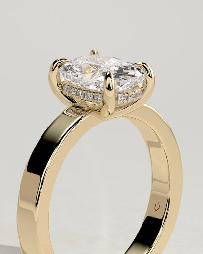 Kai - Elongated Cushion Claw Solitaire with Flat Cigar Band and Hidden Halo Engagement Ring - Yellow Gold
