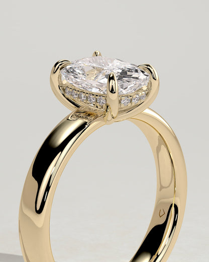 Cora - Elongated Cushion Claw Solitaire with Cigar Band and Hidden Halo Engagement Ring - Yellow Gold