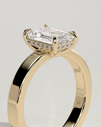 Carmella - Emerald Claw Solitaire with Flat Cigar Band and Hidden Halo Engagement Ring - Yellow Gold