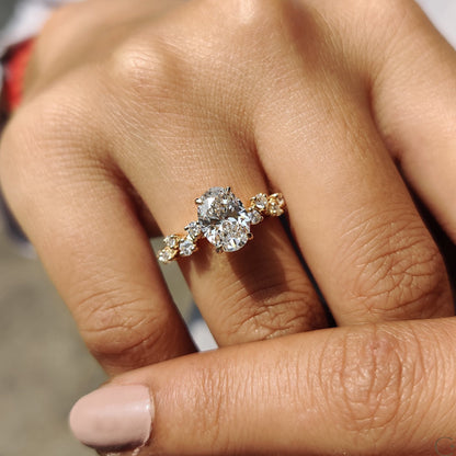 Oval Shape Engagement Ring with Zig Zag Band in Gold