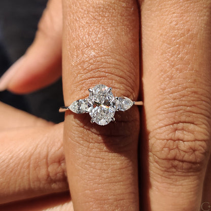 3 Stone Engagement Ring With Oval and Pear Cut Diamond