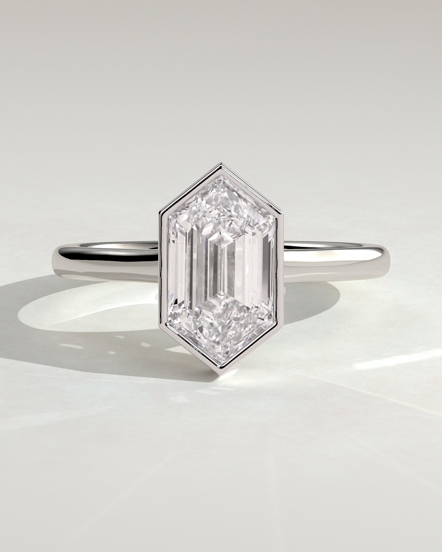 Gloria - Elongated Hexagon Bezel Solitaire with Hidden Halo and Cathedral High Setting Engagement Ring - Platinum - White Gold / Platinum 2ct