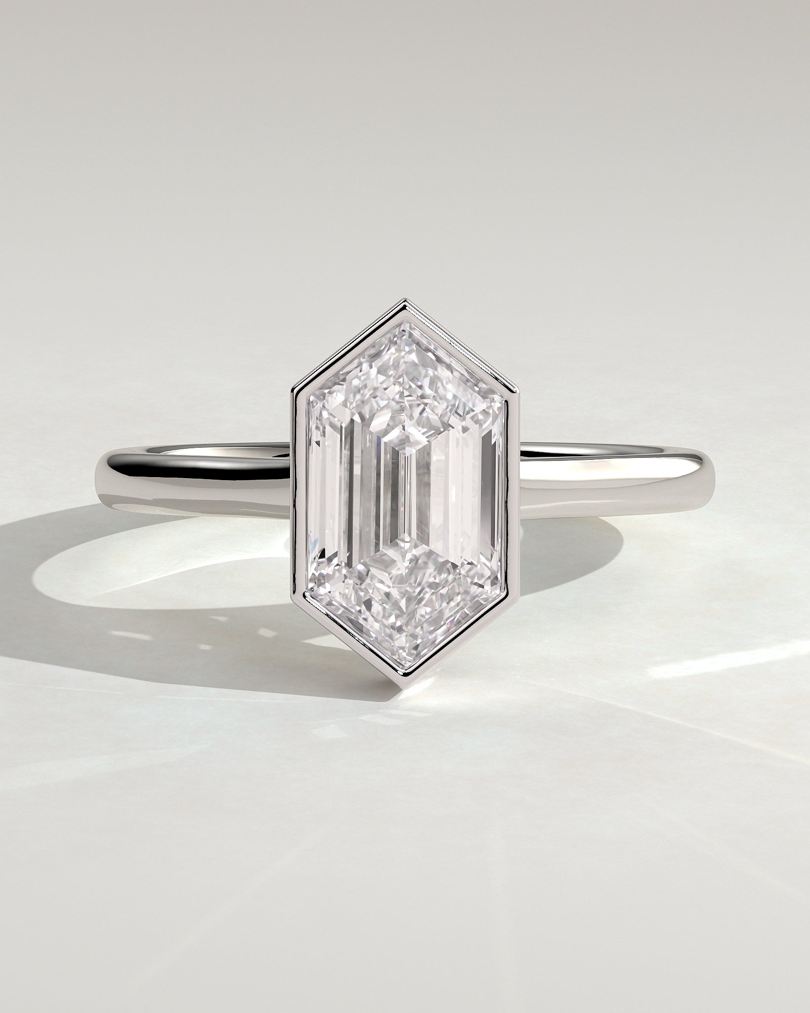 Gloria - Elongated Hexagon Bezel Solitaire with Hidden Halo and Cathedral High Setting Engagement Ring - Platinum - White Gold / Platinum 2ct