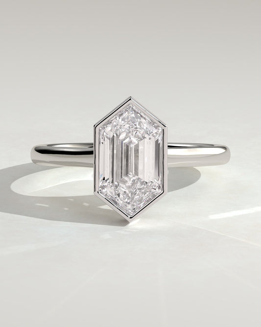 Gloria - Elongated Hexagon Bezel Solitaire with Hidden Halo and Cathedral High Setting Engagement Ring - Platinum