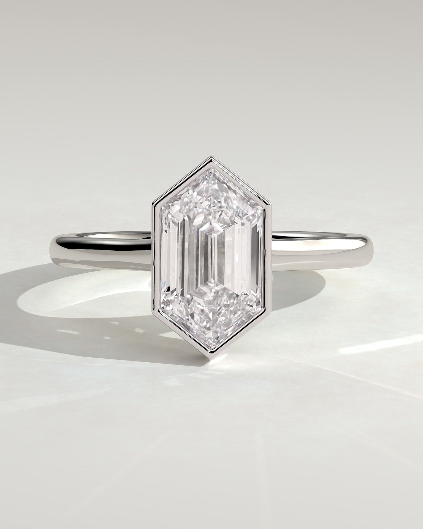 Gloria - Elongated Hexagon Bezel Solitaire with Hidden Halo and Cathedral High Setting Engagement Ring - White Gold
