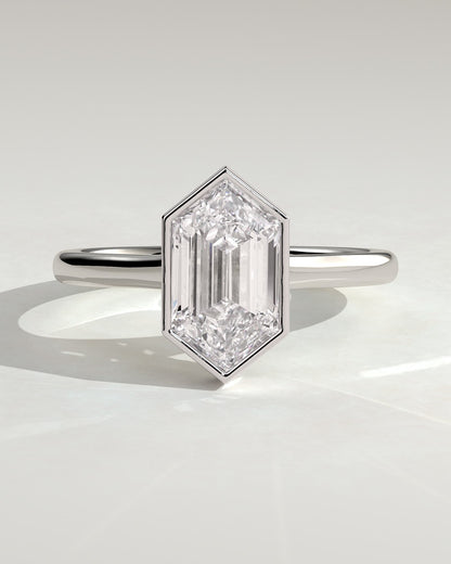 Gloria - Elongated Hexagon Bezel Solitaire with Hidden Halo and Cathedral High Setting Engagement Ring - White Gold