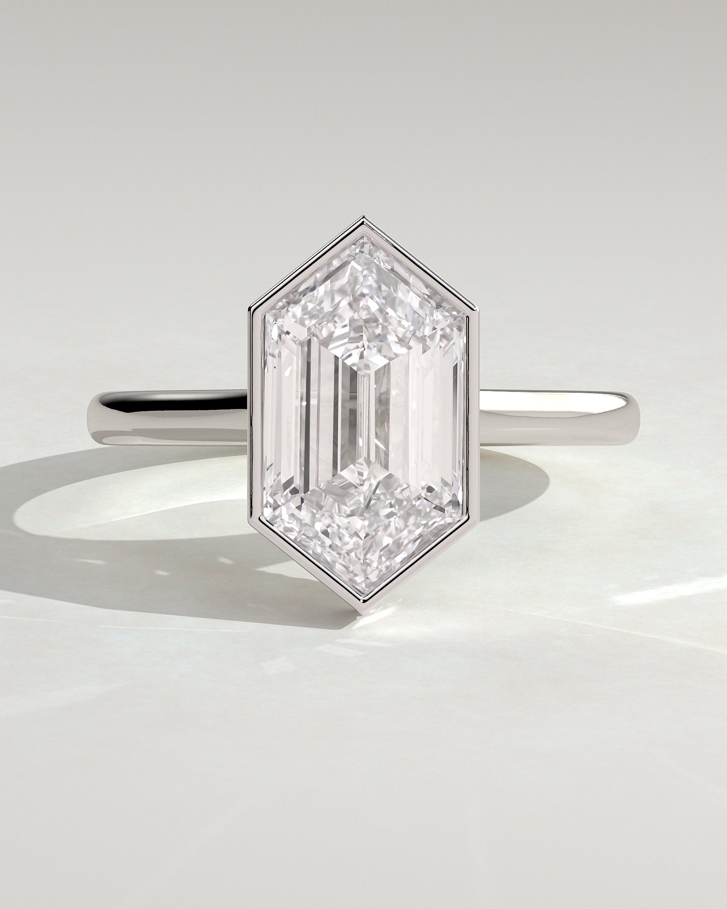 Gloria - Elongated Hexagon Bezel Solitaire with Hidden Halo and Cathedral High Setting Engagement Ring - Platinum