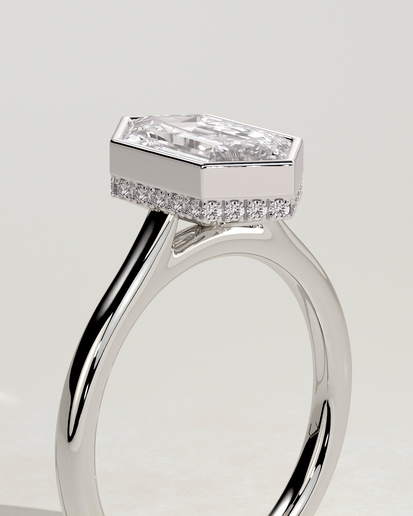 Gloria - Elongated Hexagon Bezel Solitaire with Hidden Halo and Cathedral High Setting Engagement Ring - Platinum - White Gold / Platinum 2ct