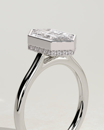 Gloria - Elongated Hexagon Bezel Solitaire with Hidden Halo and Cathedral High Setting Engagement Ring - Platinum