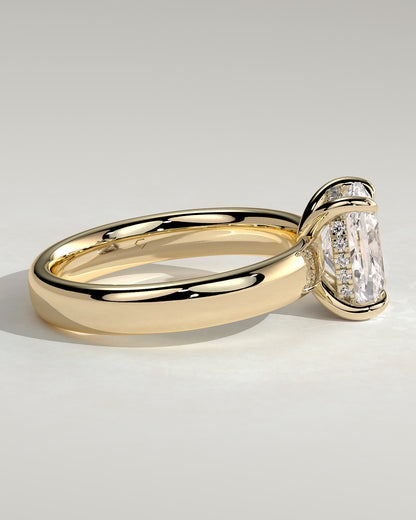 Cora - Elongated Cushion Claw Solitaire with Cigar Band and Hidden Halo Engagement Ring - Yellow Gold