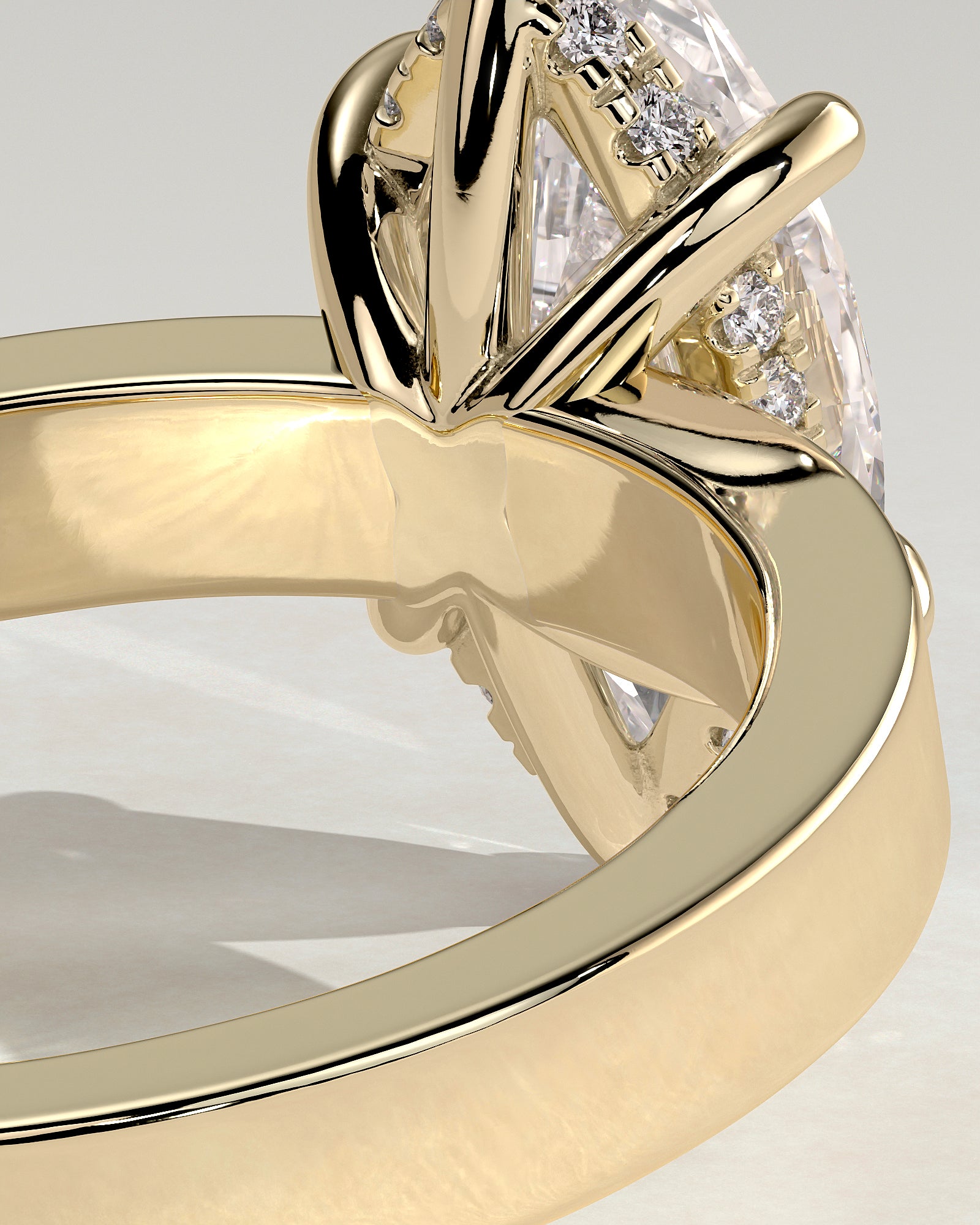 Aisha - Marquise Claw Solitaire with Flat Cigar Band and Hidden Halo Engagement Ring - Yellow Gold - Yellow Gold 2ct