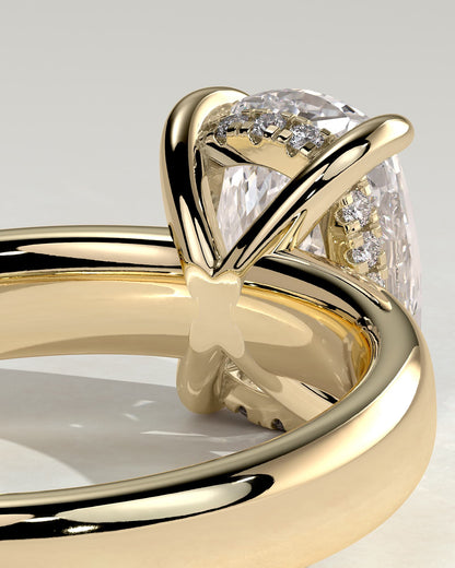 Cora - Elongated Cushion Claw Solitaire with Cigar Band and Hidden Halo Engagement Ring - Yellow Gold