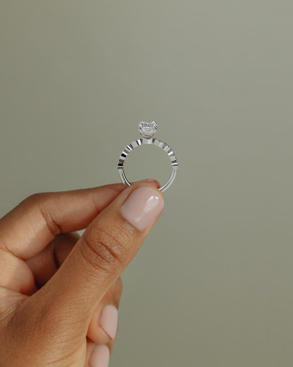 Carrie - Elongated Cushion Claw Solitaire with Round-Marquise Bezel Accent Stones Engagement Ring - White Gold