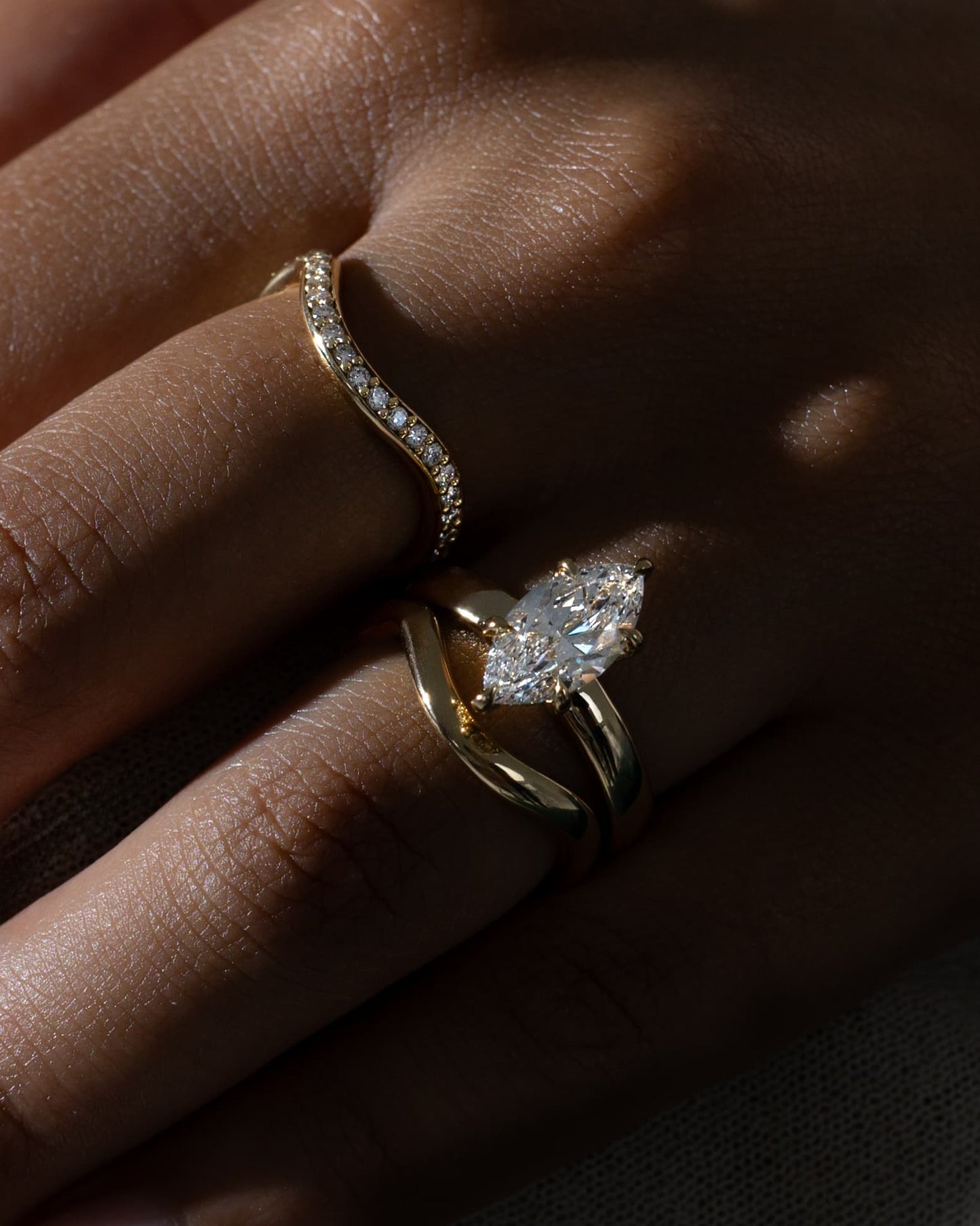 Gigi - Marquise Claw Solitaire with Cigar Band and Hidden Halo Engagement Ring - Yellow Gold