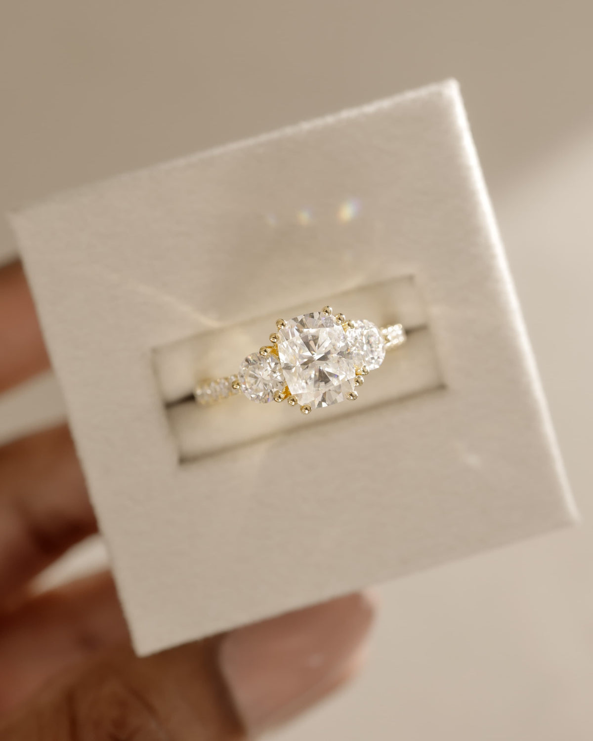 Meghan - Elongated Cushion Double Claw Trilogy with Round Side Stones, Pave Band and Cathedral Setting Engagement Ring - Platinum