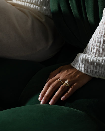 Gigi - Marquise Claw Solitaire with Cigar Band and Hidden Halo Engagement Ring - Yellow Gold