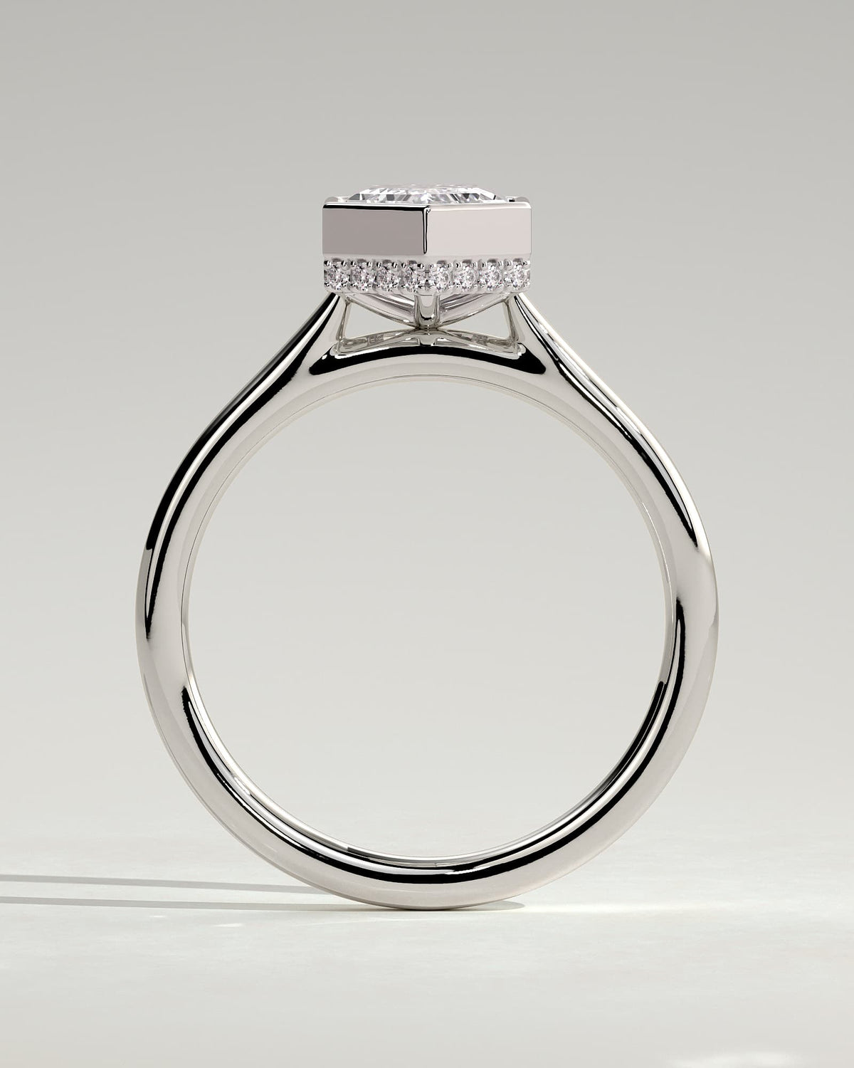 Gloria - Elongated Hexagon Bezel Solitaire with Hidden Halo and Cathedral High Setting Engagement Ring - White Gold