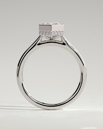 Gloria - Elongated Hexagon Bezel Solitaire with Hidden Halo and Cathedral High Setting Engagement Ring - White Gold