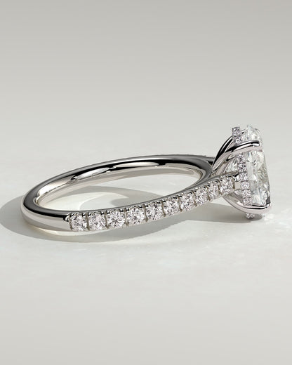 Julia - Oval Claw Solitaire with Hidden Halo, Pave Band and Cathedral High Setting Engagement Ring - White Gold