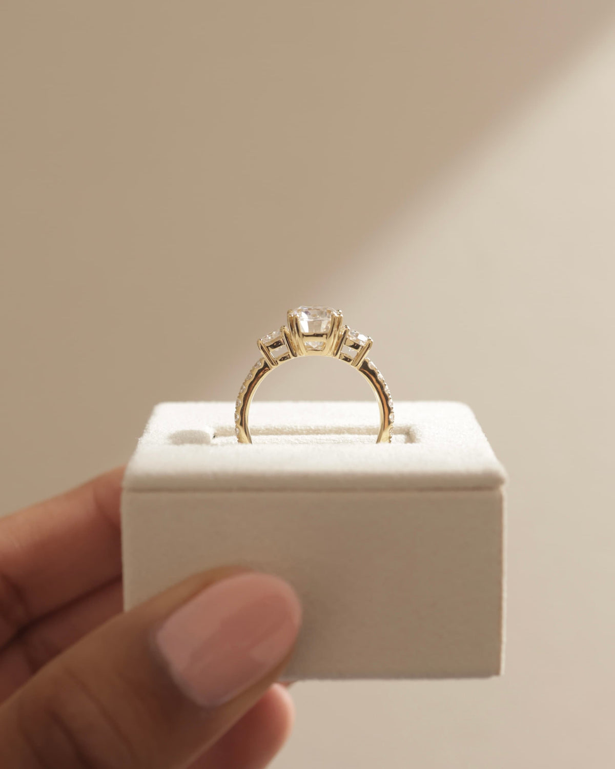 Meghan - Elongated Cushion Double Claw Trilogy with Round Side Stones, Pave Band and Cathedral Setting Engagement Ring - Platinum