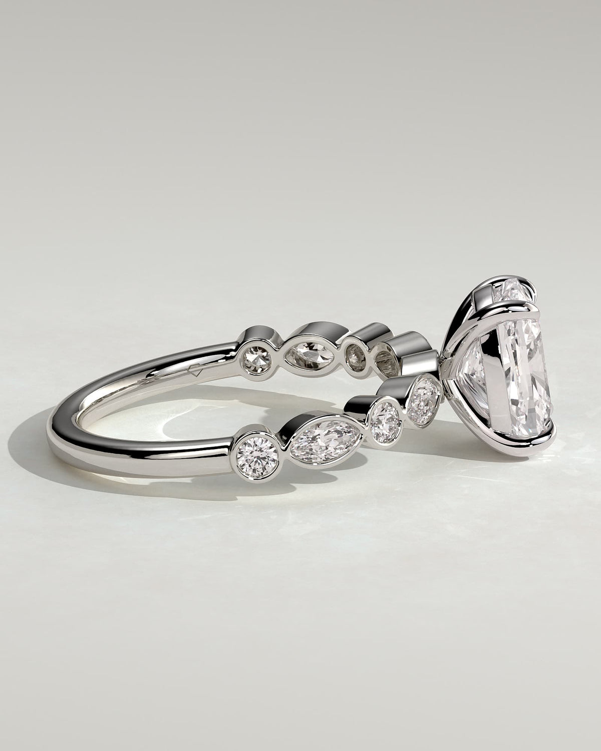 Carrie - Elongated Cushion Claw Solitaire with Round-Marquise Bezel Accent Stones Engagement Ring - White Gold