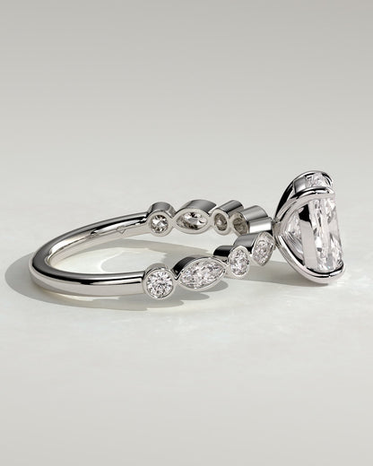 Carrie - Elongated Cushion Claw Solitaire with Round-Marquise Bezel Accent Stones Engagement Ring - White Gold