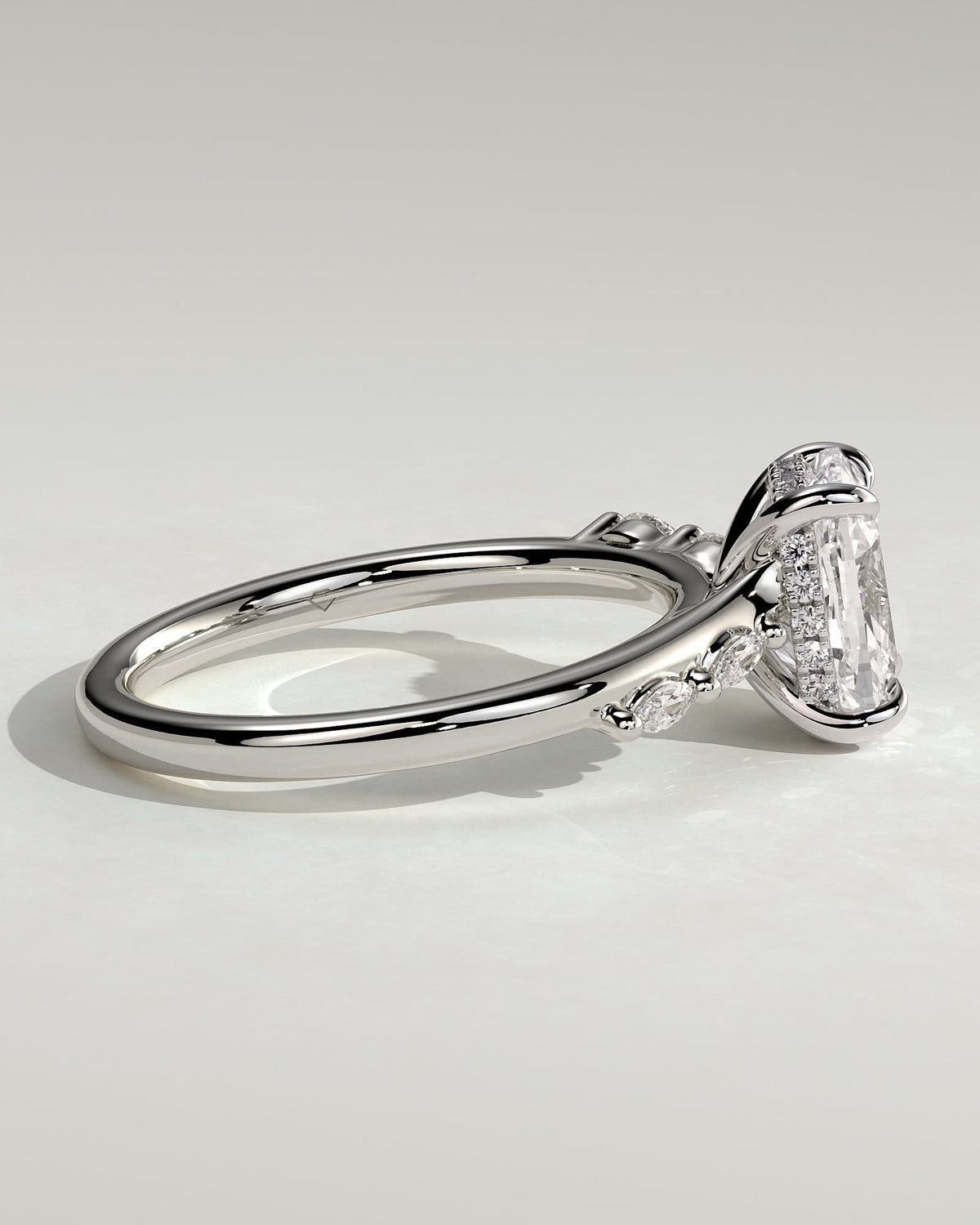 Elle - Elongated Cushion Claw Solitaire with Hidden Halo, Opposing Marquise Accents and Cathedral High Setting Engagement Ring - White Gold